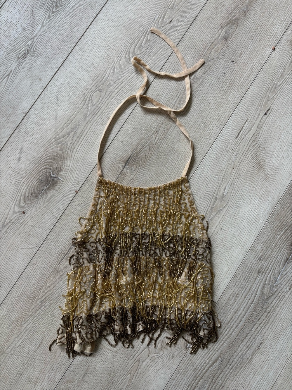 ANTHROPOLOGIE Fringe Beaded Halter Cami Size XS/S in Gold - Picture 6 of 9